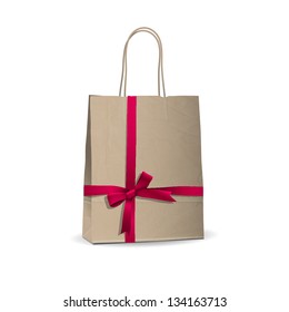 Empty shopping brown bag with  tied pink ribbon. Vector illustration