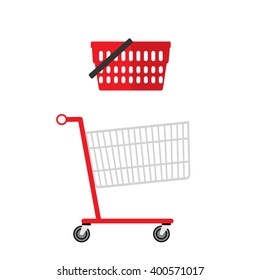 Empty shopping cart and shopping basket. Isolated on white. Flat style vector illustration.