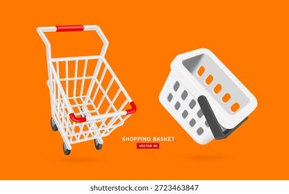 Vista de perspectiva de Carrito de compras y cesta vacía sobre fondo naranja para diseñar varias promociones de compras, Vector 3D ilustración aislada para publicidad, Vector estilo mínimo para el diseño