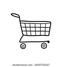 Carrito de compras vacío en negro aislado sobre fondo blanco. Ilustración de boceto de Vector dibujado a mano en estilo vintage de arte de línea grabada doodle. Concepto de equipo de tienda de mercado para realizar compras