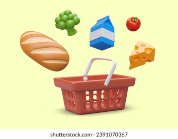 Carro de compras vacío, pan, brócoli, cartón de leche, tomate, queso. Lista de productos a comprar. Concepto de nutrición completa. Anuncios de vectores para tiendas de comestibles, lugar para marca