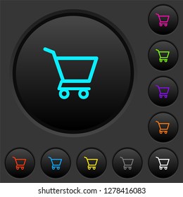 Empty shopping cart dark push buttons with vivid color icons on dark grey background