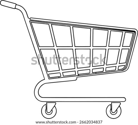 An empty shopping cart is depicted in a simple line drawing, representing retail and consumerism, perfect for illustrating shopping concepts