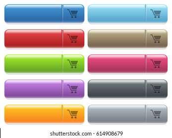 Empty shopping cart engraved style icons on long, rectangular, glossy color menu buttons. Available copyspaces for menu captions.