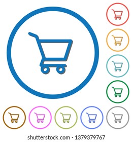 Empty shopping cart flat color vector icons with shadows in round outlines on white background