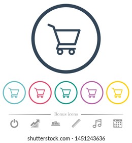 Empty shopping cart flat color icons in round outlines. 6 bonus icons included.