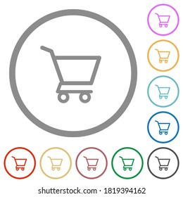 Empty shopping cart flat color icons in round outlines on white background