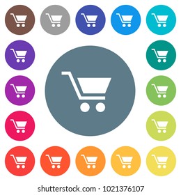 Empty shopping cart flat white icons on round color backgrounds. 17 background color variations are included.