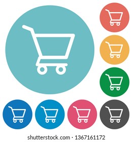 Empty shopping cart flat white icons on round color backgrounds