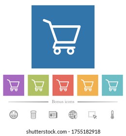 Empty shopping cart flat white icons in square backgrounds. 6 bonus icons included.