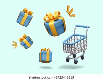 Carrito de la compra vacío, cajas de regalo flotantes de diferentes formas. Es hora de celebrar