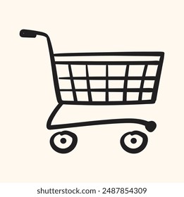 Carrito de compras vacío. Dibujado a mano Vector boceto ilustración en doodle grabado línea arte estilo vintage Con ilustración estilo doodle y línea arte