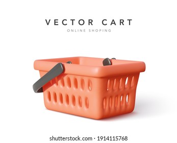 Empty shopping cart isolated on white background. Realistic red shopping basket with shadow. Vector illustration