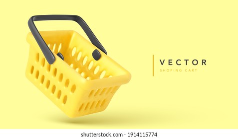 Empty shopping cart isolated on yellow background. Concept banner for online sales. Vector illustration