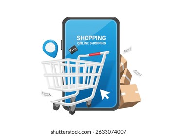 empty shopping cart place front of a blue smart phone waiting for customers to add items to their basket, vector 3d illustration isolated for online shopping and delivery concept design