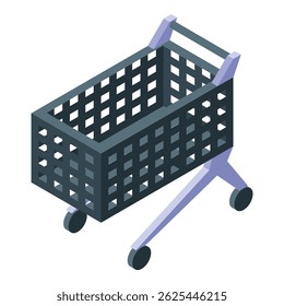 Empty shopping cart standing on white background, isometric view, concept of commerce and shopping