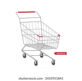 empty shopping cart steel side view on a white background for designing various shopping promotions, vector 3d isolated for advertising