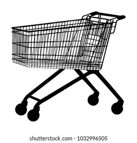 Empty shopping cart vector silhouette isolated on white. Metal market trolley.  Symbol of bad economy, home budget. Transportation equipment for buying food and another goods. Procurement of supplies.