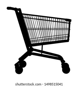 Empty shopping cart vector silhouette isolated on white. Metal market trolley. Symbol of bad economy, home budget. Transportation equipment for buying food and another goods. Procurement of supplies.