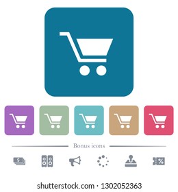 Empty shopping cart white flat icons on color rounded square backgrounds. 6 bonus icons included