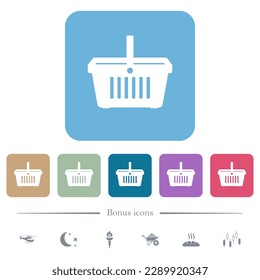 Empty shopping cart white flat icons on color rounded square backgrounds. 6 bonus icons included