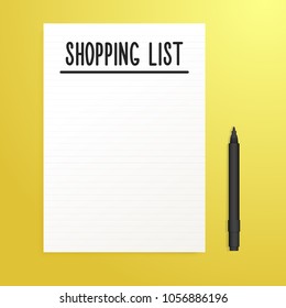 Empty Shopping List page with black pen and yellow Background. Vector illustration template with copy space