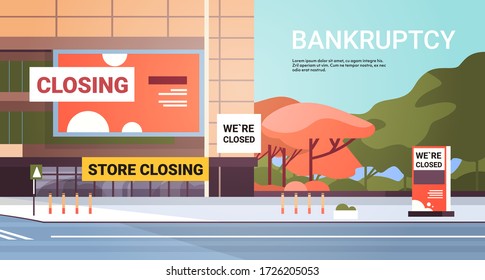 Empty Shopping Mall With Store Closing Sign Coronavirus Pandemic Quarantine Covid-19 Concept No People Retail Store Exterior Horizontal Copy Space Vector Illustration