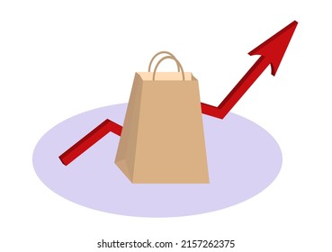 Leere Einkaufspapier-Tasche mit Rot aufwachsen große Pfeil. Balkendiagramme und Grafiken. Steigende Lebensmittelpreise. Inflationskonzept. Einzelhandel. Wirtschaft. Aktienmarkt. Lagern. Supermarkt-Lieferung. Nahrungsmittelkrise