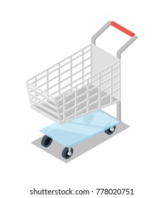 Empty shopping trolley cart isometric 3D icon. Supermarket shopping symbol, retail and distribution isolated vector illustration.