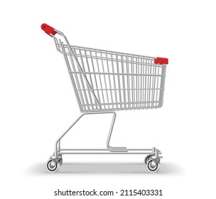 Empty shopping trolley. Metal wire cart for mall, supermarket or hypermarket goods carrying. Bag on wheels for heavy items, purchasing. Realistic 3d vector illustration