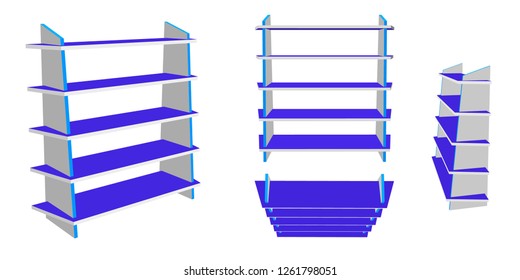 Empty showcase. 3d Vector illustration. Different views.