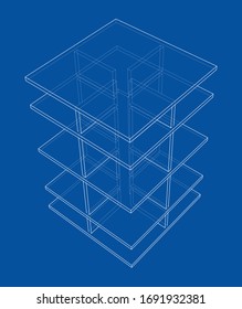 Empty showcase outline. Vector rendering of 3d. Wire-frame style. The layers of visible and invisible lines are separated
