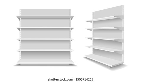 Empty Showcase Racks. Advertising Blank Supermarket Shelves, Shopping Mall Empty Retail Products Showcases, White Display Shop Shelf Set Vector Illustration