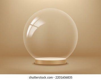 Empty showcase with transparent glass sphere. 3d vector presentation mockup 