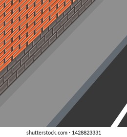empty sidewalk and street, orange brick wall, vector illustration 