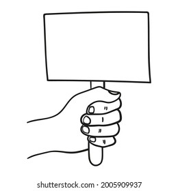 Empty sign in hand. Hands holding blank protest poster in doodle style. Vector illustration hand drawn placard and announcement board.