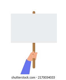 Empty sign in hand. Hands holding blank protest poster. Cartoon vector illustration. Placard and poster empty, protest announcement board Eps 10