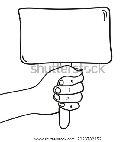 Empty sign in hand. Hands holding blank protest poster in doodle style. Vector illustration hand drawn placard and announcement board.