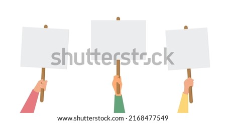 Empty sign in hand. Hands holding blank protest poster. Cartoon vector illustration. Placard and poster empty, protest announcement board Eps 10