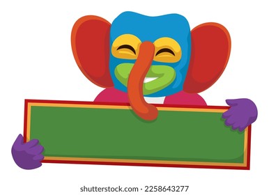 Empty sign template like Barranquilla's flag, held by a happy and colorful Marimonda character in cartoon style.