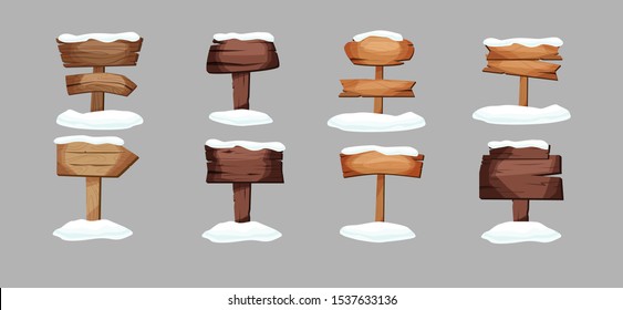 Empty signboards or wood planks of different colors and textures with snow on it. Set of old, retro banners. Vector illustration.