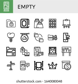 empty simple icons set. Contains such icons as Guidepost, Folder, Fortunetelling, Bag, Package, Easel, Crown, Signboard, Folders, Shopping cart, can be used for web, mobile and logo