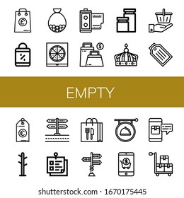 empty simple icons set. Contains such icons as Shopping bag, Bag, Pizza box, Film roll, Jars, Crown, Shopping basket, Tag, Price tag, Coat rack, can be used for web, mobile and logo