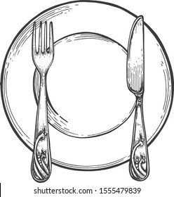 Empty simple plate with fork and knife. Tableware restaurant dinner etiquette setting illustration. Hand drawn vintage style.