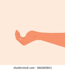 Empty single hand holding something isolated on white background. Open hand for holding product. Hand open palm for showing something. Side view of empty handful vector illustration flat design 
