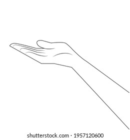 Empty single hand holding something from side view line hand drawing. Open hand for holding product. Hand open palm for showing something line icon. Side view of empty handful outline  illustration