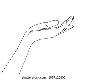Empty single hand holding something from side view line hand drawing. Open hand for holding product. Hand open palm for showing something line icon. Side view of empty handful outline  illustration