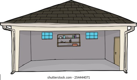 Empty single isolated cartoon garage with doorway