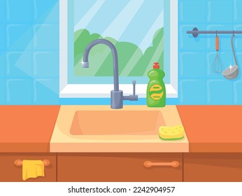 Empty sink. Cartoon kitchen interior. Home washstand. Vector illustration