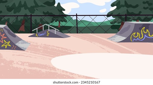 Parque de patinaje vacío. Parque de patinaje al aire libre con graffiti en rampas de vertido, semicubiertas. Moderna zona de patinaje paisajístico, lugar, patinaje para deportes extremos, estilo libre. Ilustración vectorial plana